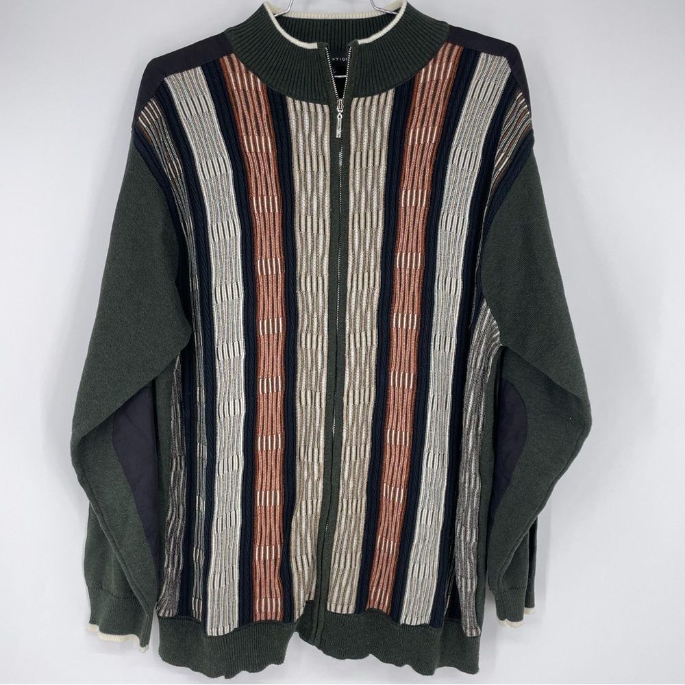 Montique Sweater Mens 3X Cardigan Zip Elbow Patches Brown Wavy 3D Knit Pockets
